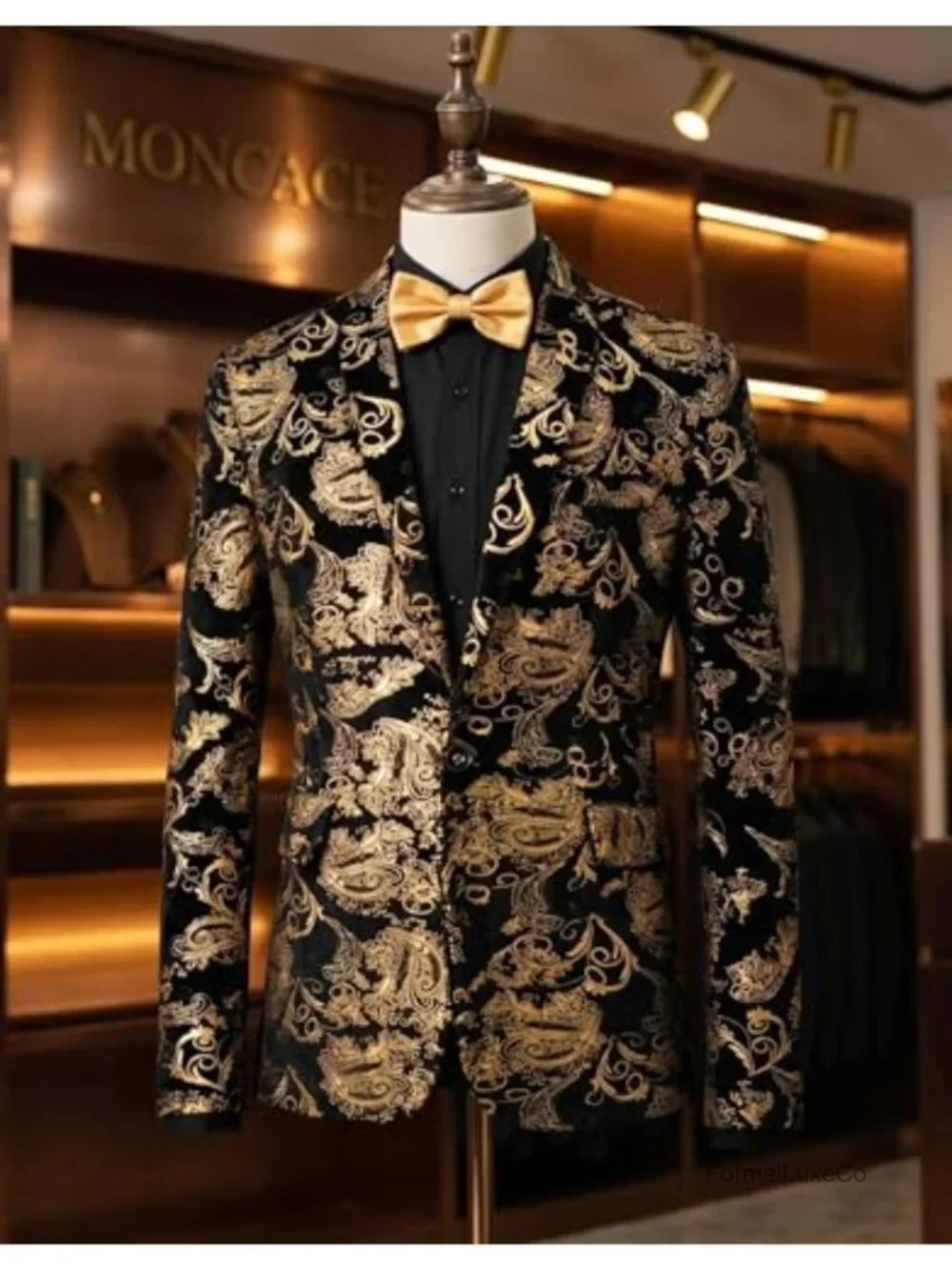 Men's Paisley Blazer Single Button Tuxedo Jacket Notch Lapel Gold Foil Print